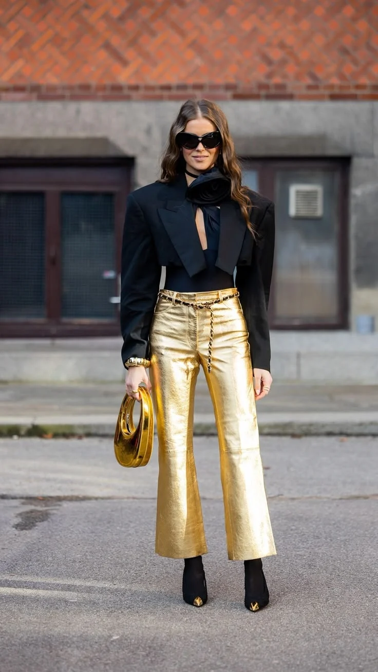 Кожаные широкие штаны палаццо Street Style