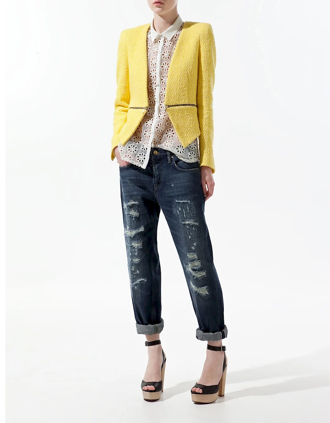 Желтый твидовый жакет Zara